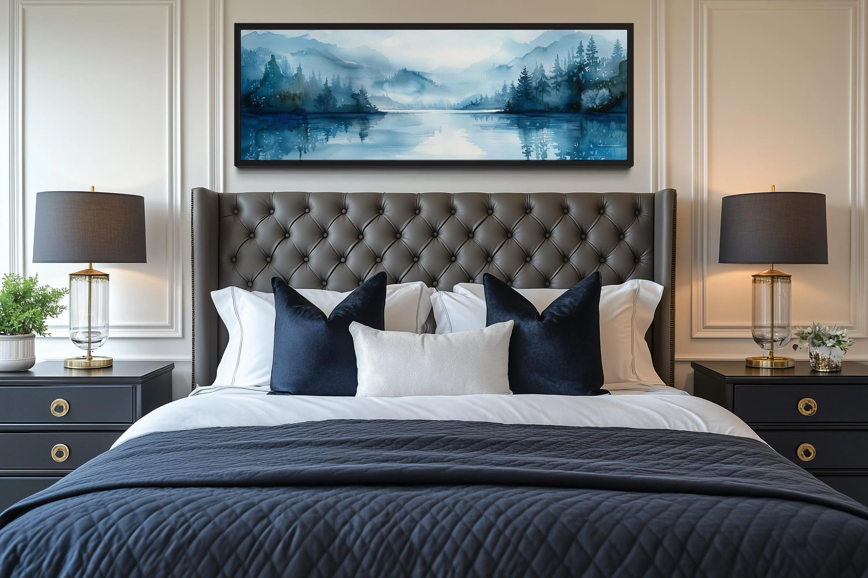 Navy Blue Minimalist Lake Landscape Panoramic Above Bed Wall Art