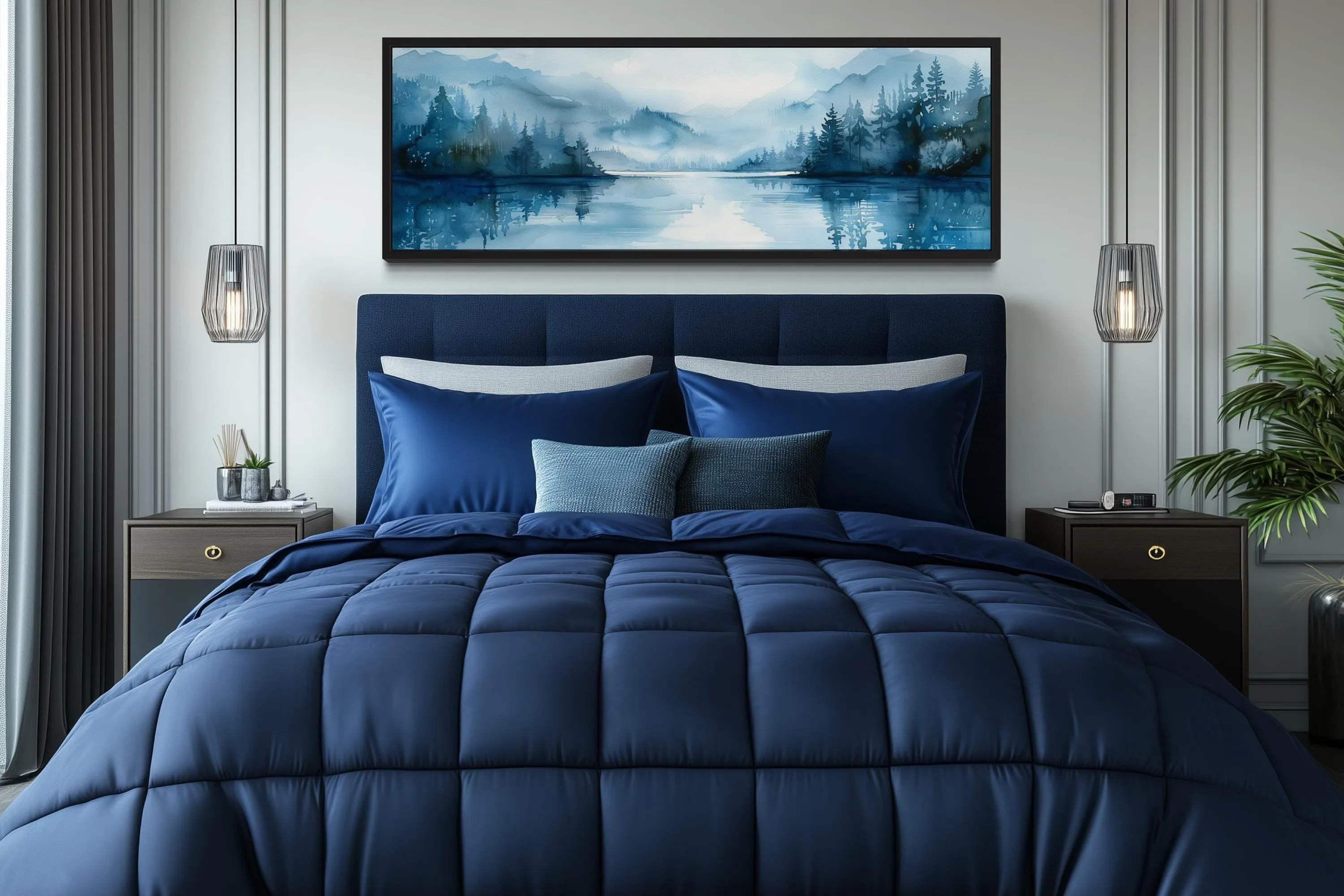 Navy Blue Minimalist Lake Landscape Panoramic Above Bed Wall Art