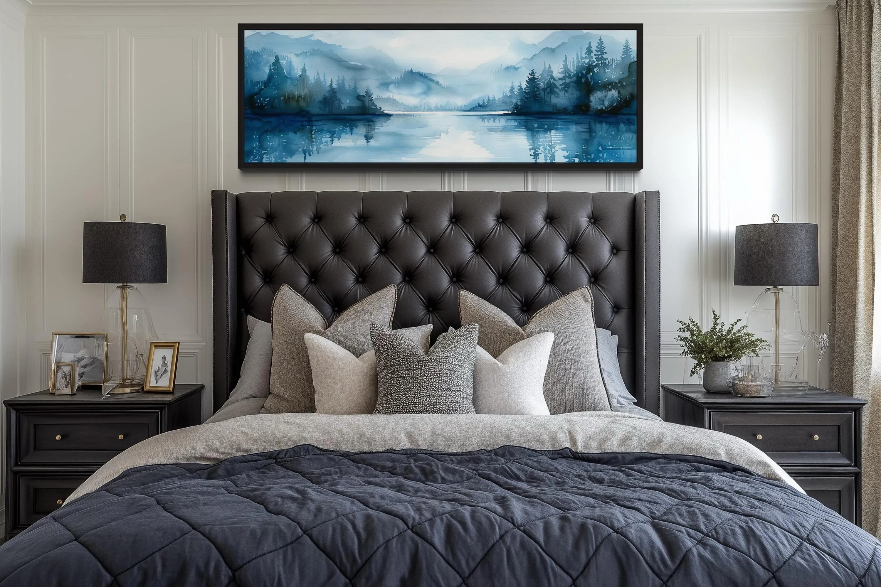 Navy Blue Minimalist Lake Landscape Panoramic Above Bed Wall Art