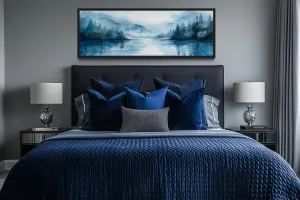 Navy Blue Minimalist Lake Landscape Panoramic Above Bed Wall Art