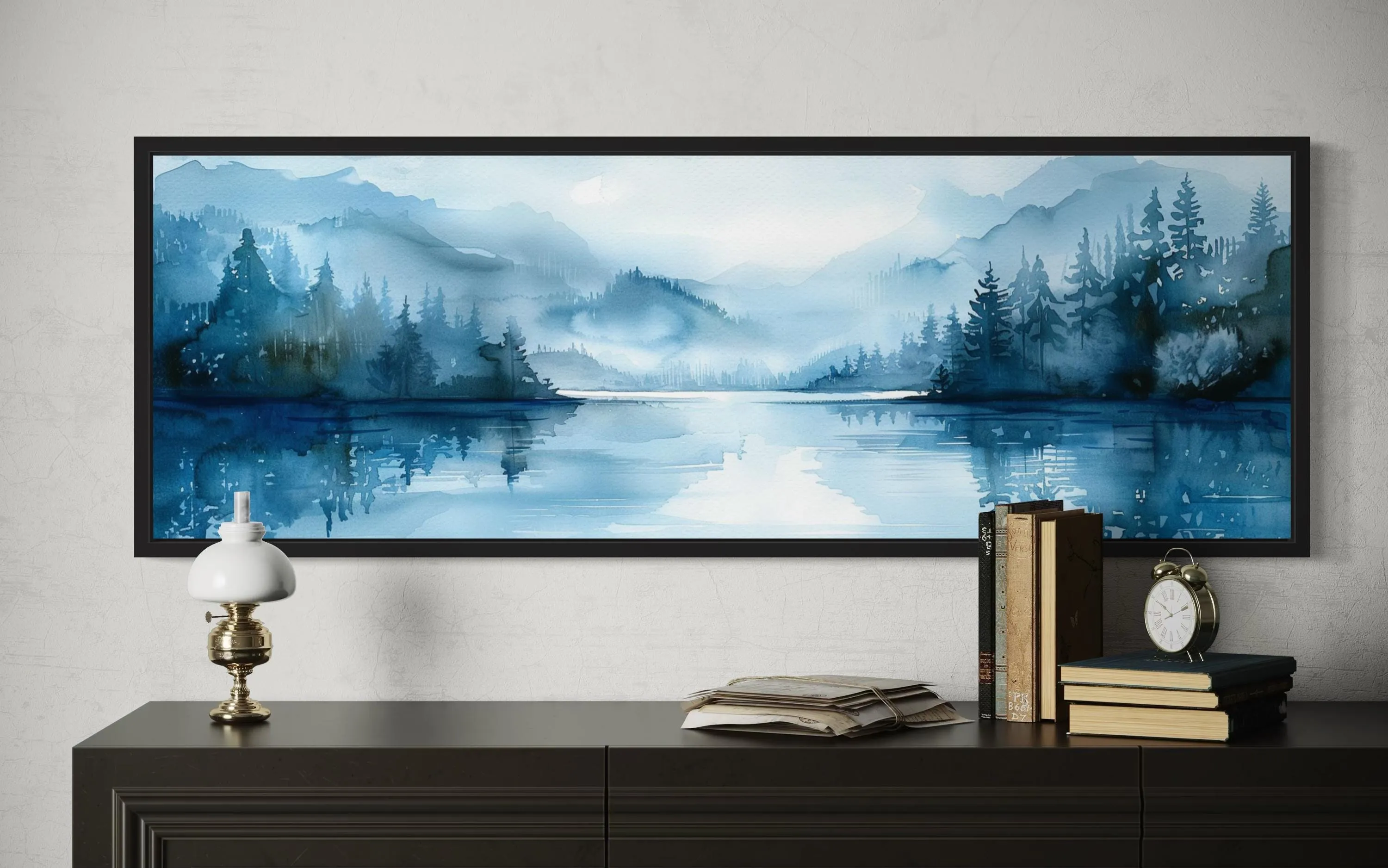 Navy Blue Minimalist Lake Landscape Panoramic Above Bed Wall Art