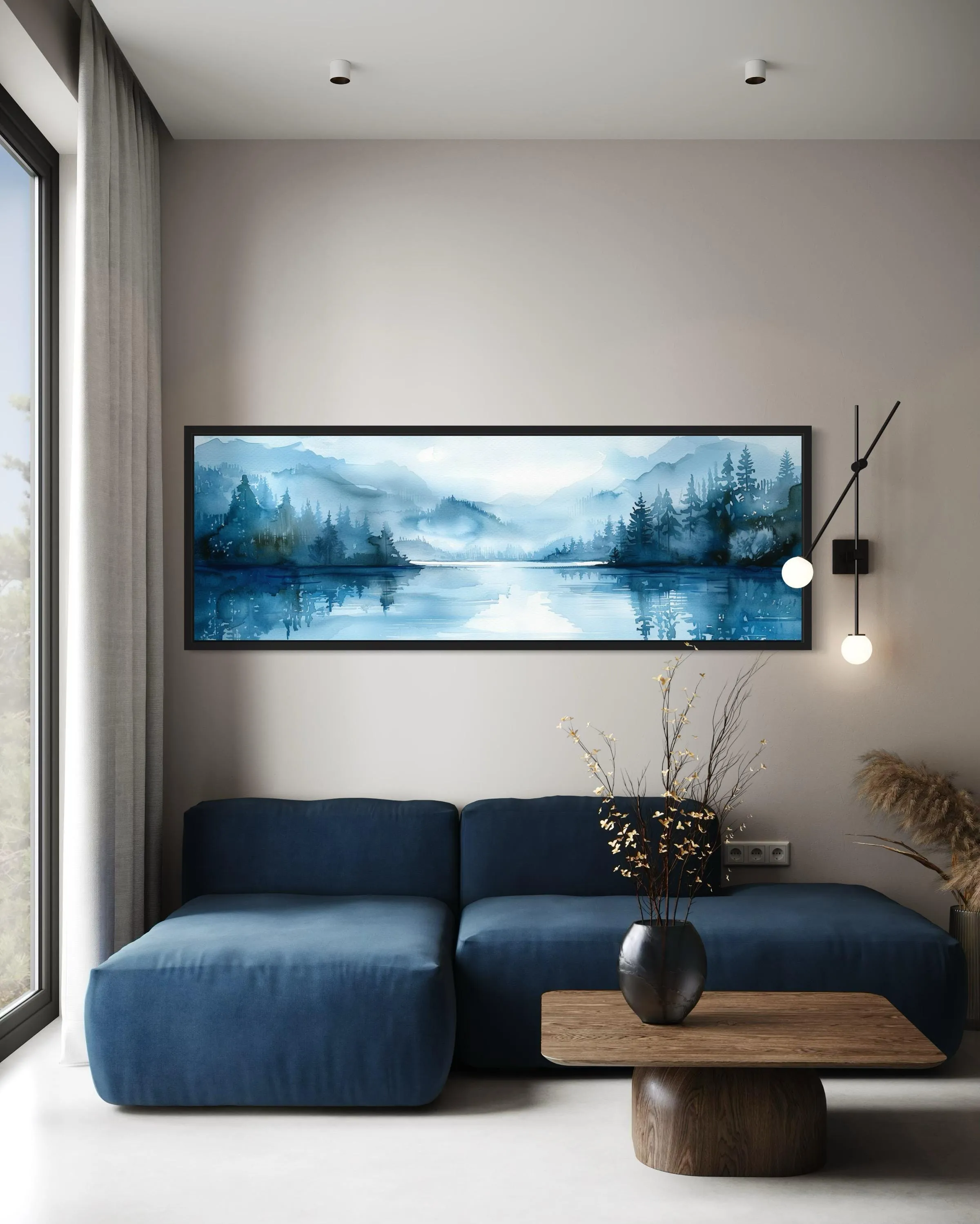 Navy Blue Minimalist Lake Landscape Panoramic Above Bed Wall Art