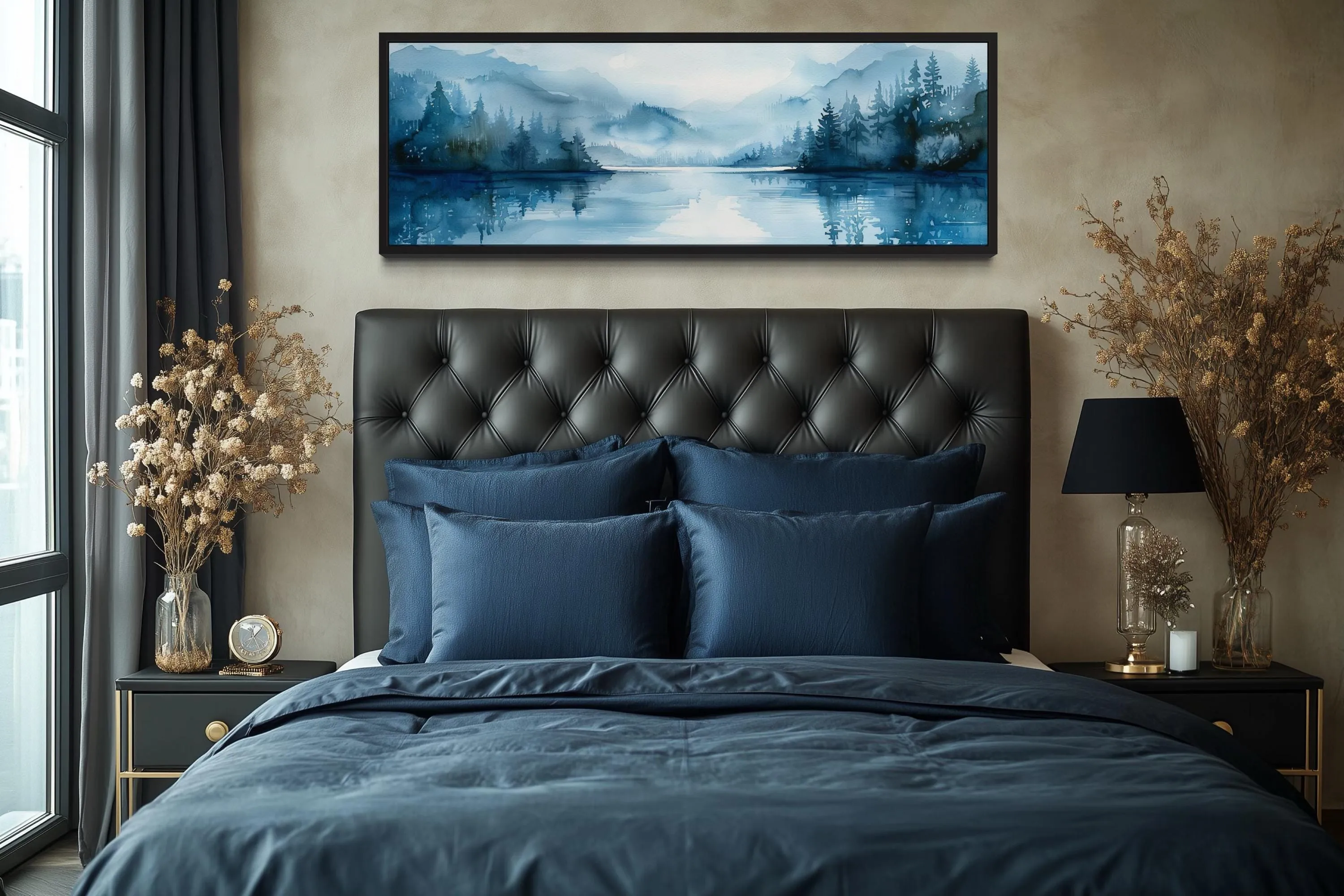 Navy Blue Minimalist Lake Landscape Panoramic Above Bed Wall Art
