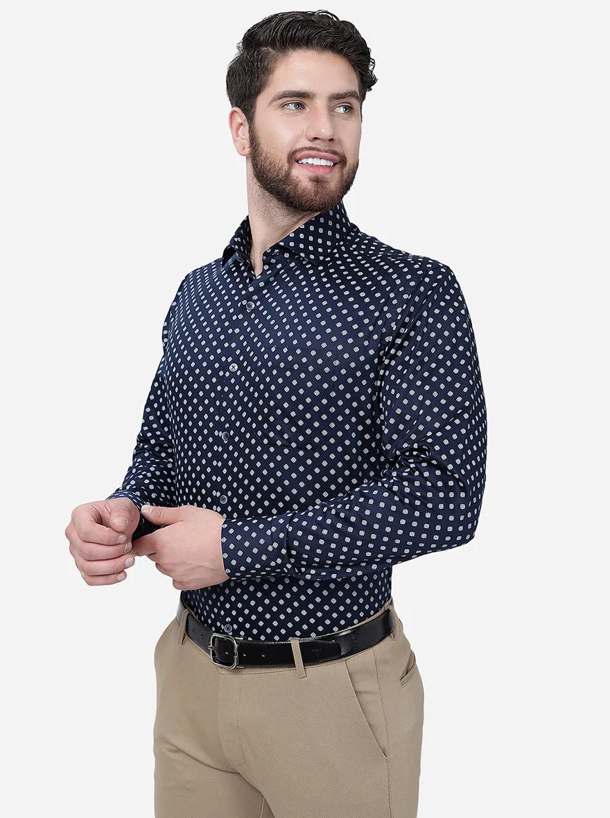Navy Blue Printed Regular Fit Formal Shirt | JadeBlue