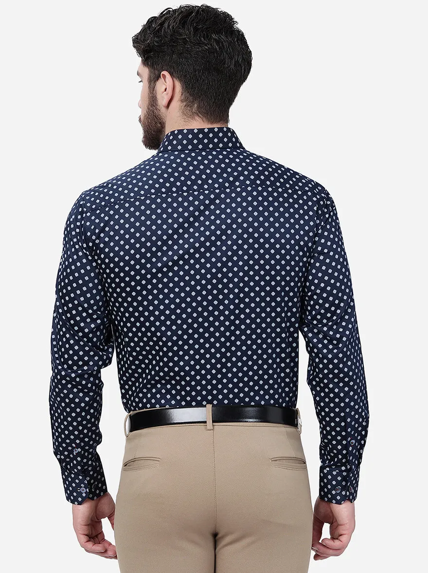 Navy Blue Printed Regular Fit Formal Shirt | JadeBlue