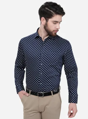 Navy Blue Printed Regular Fit Formal Shirt | JadeBlue