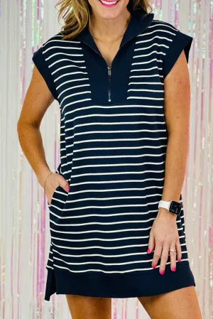 Navy Blue Quarter Zip Collared Cap Sleeve Mini Dress