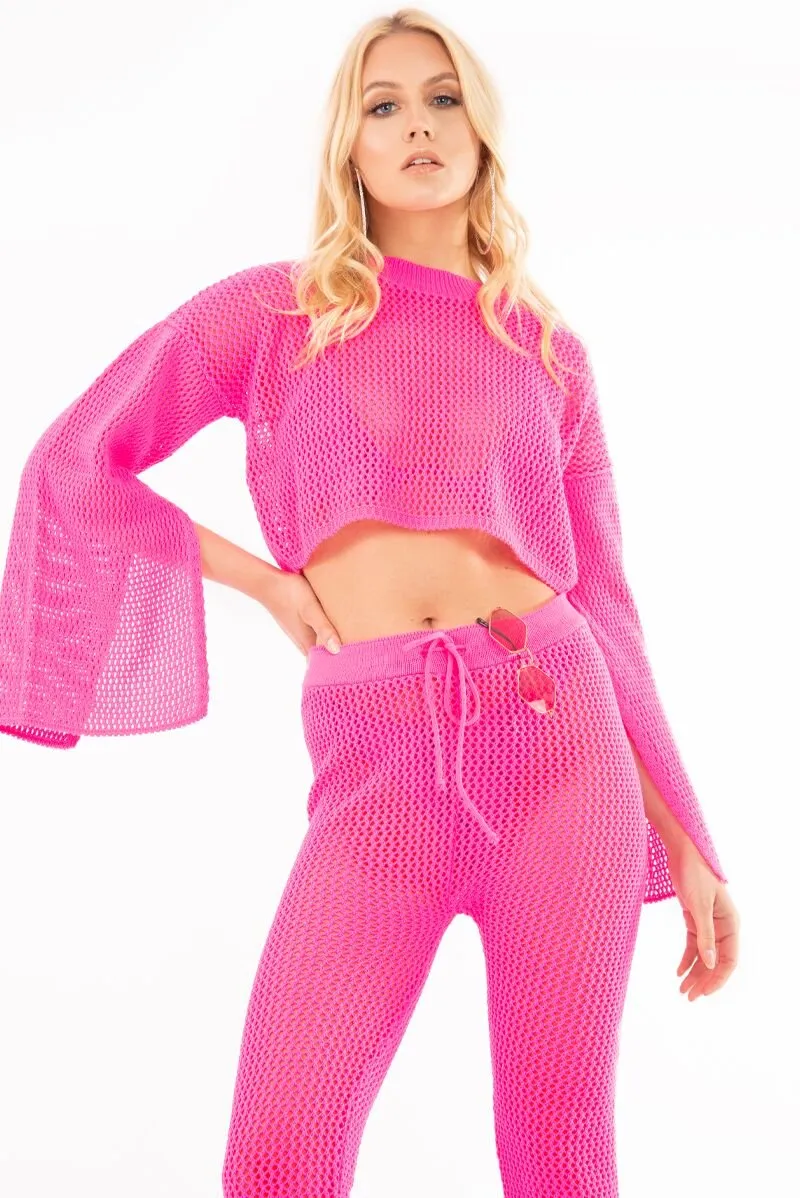 Neon Pink Fishnet Crop Jumper Wide Leg Trouser Co-ord - Haddie