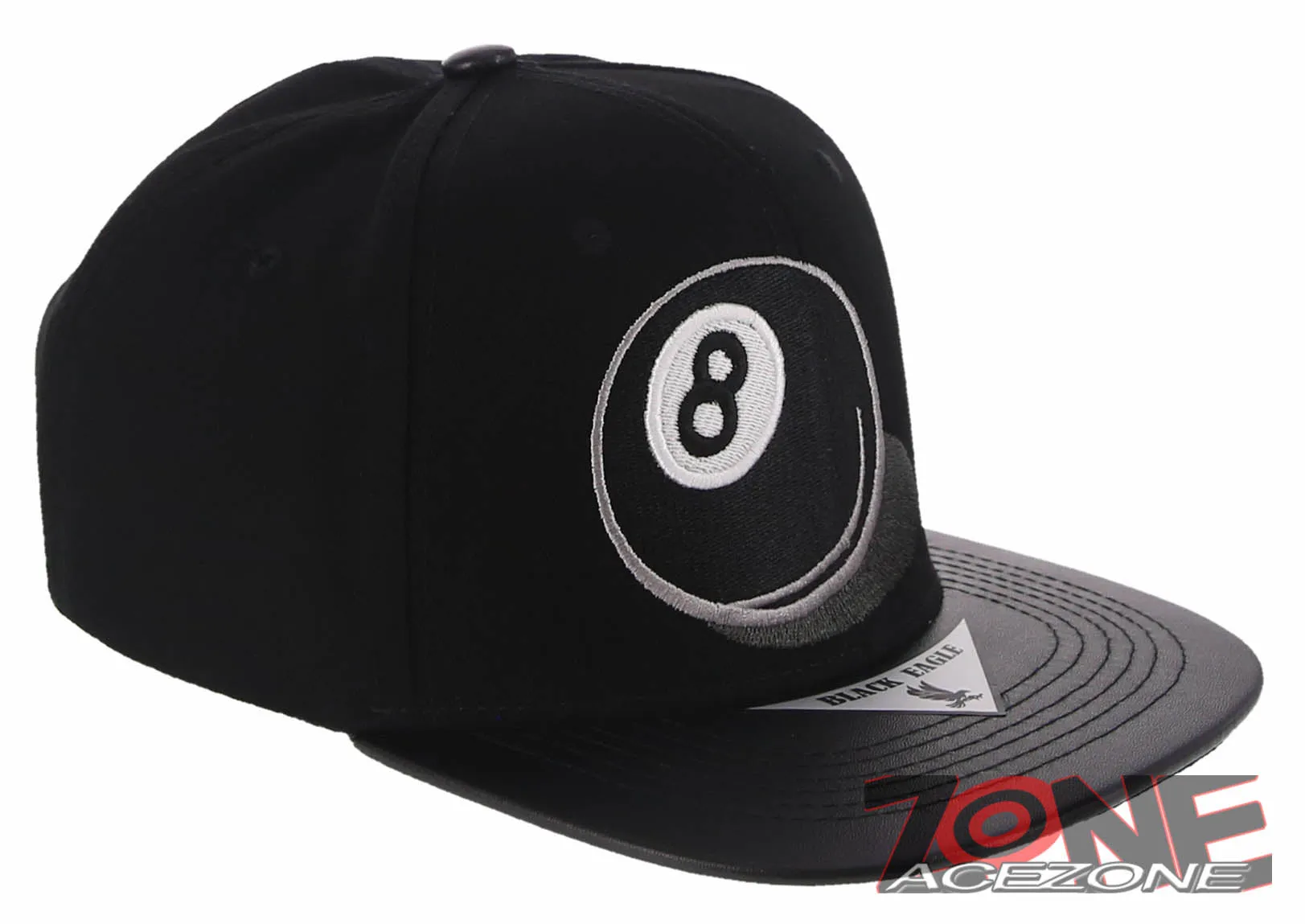 NEW! 8 BALL BLACK FAUX LEATHER VISOR FLAT BILL SNAPBACK BASEBALL CAP HAT BLACK