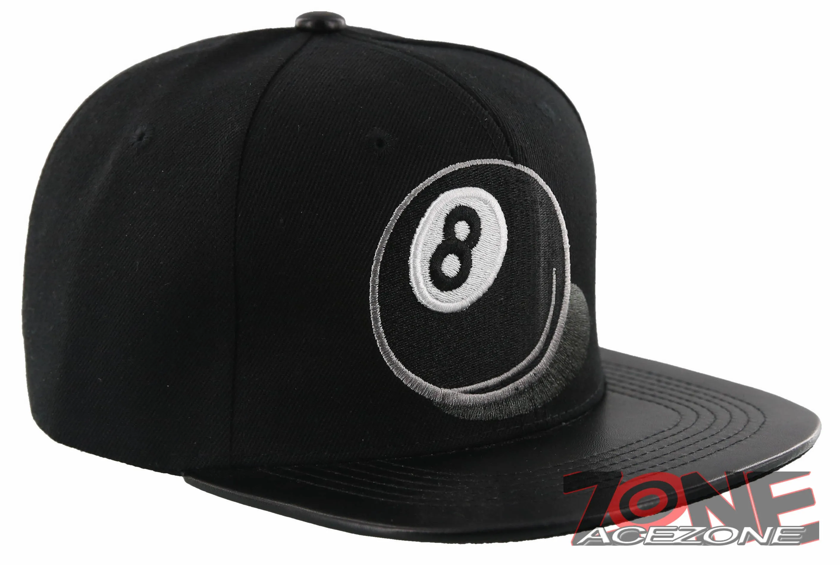 NEW! 8 BALL FAUX LEATHER VISOR FLAT BILL SNAPBACK CAP HAT BLACK