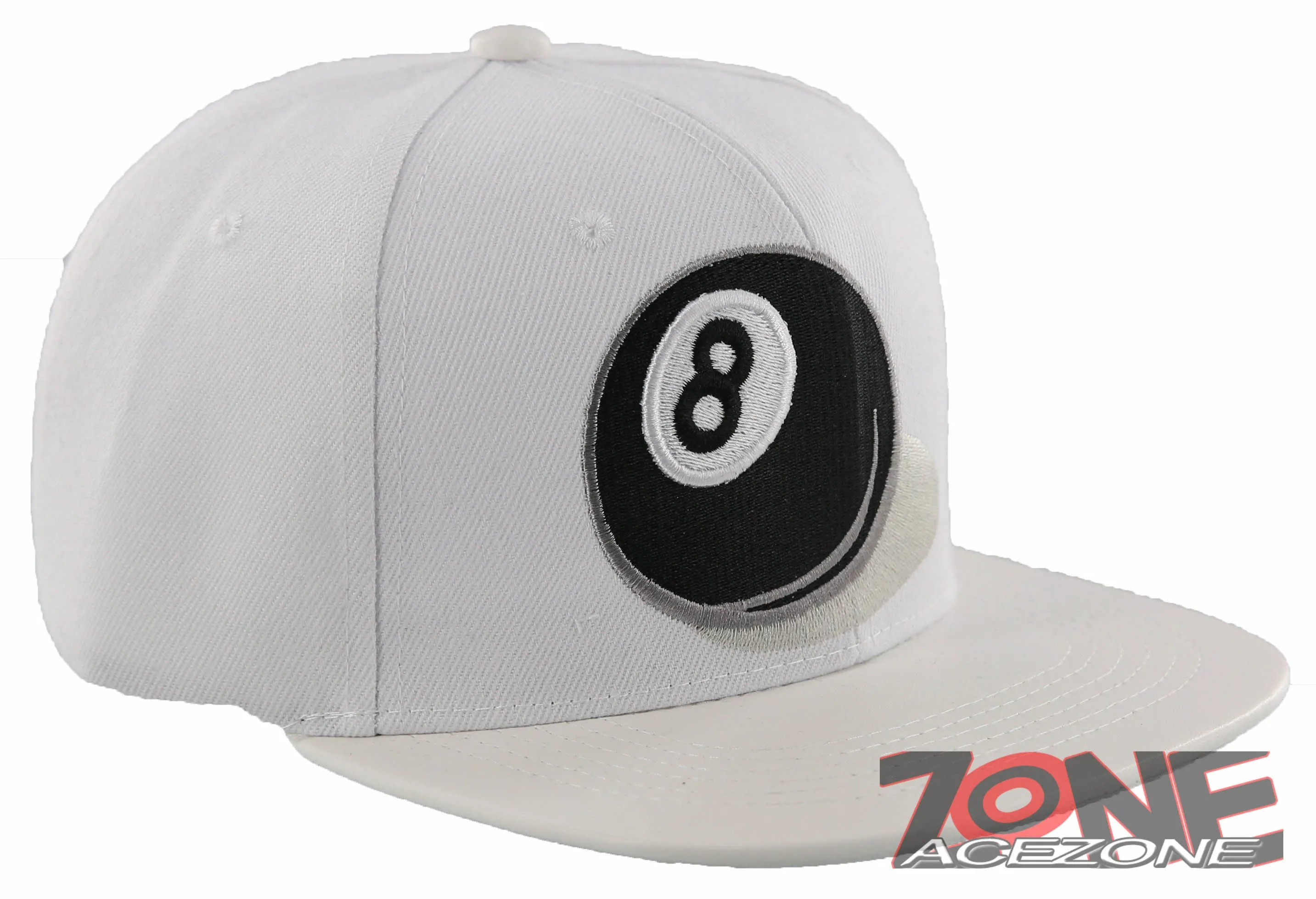 NEW! 8 BALL FLAT BILL FAUX LEATHER VISOR SNAPBACK CAP HAT WHITE