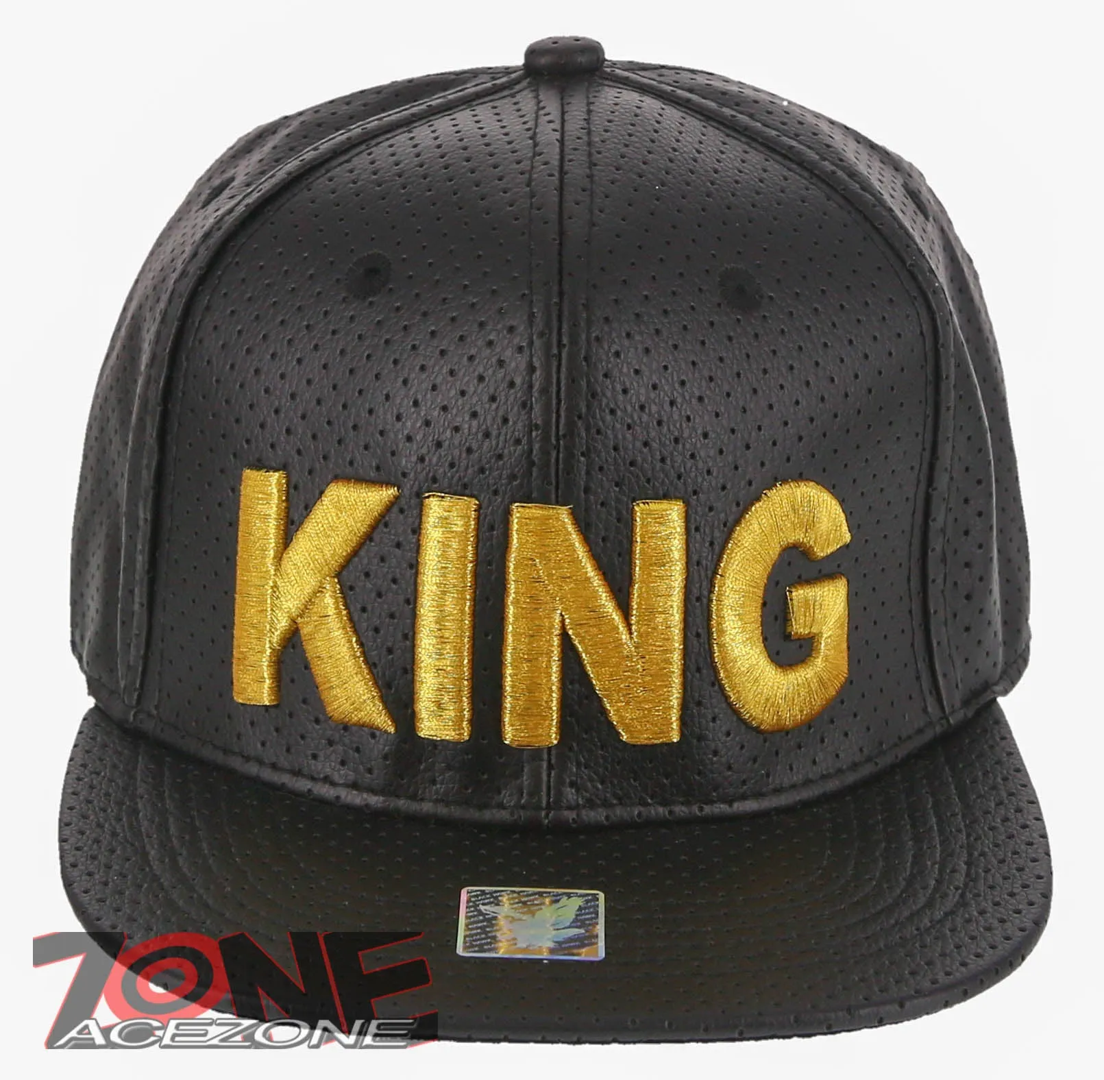 NEW! GOLD KING FAUX LEATHER FLAT BILL SNAPBACK BASEBALL CAP HAT BLACK