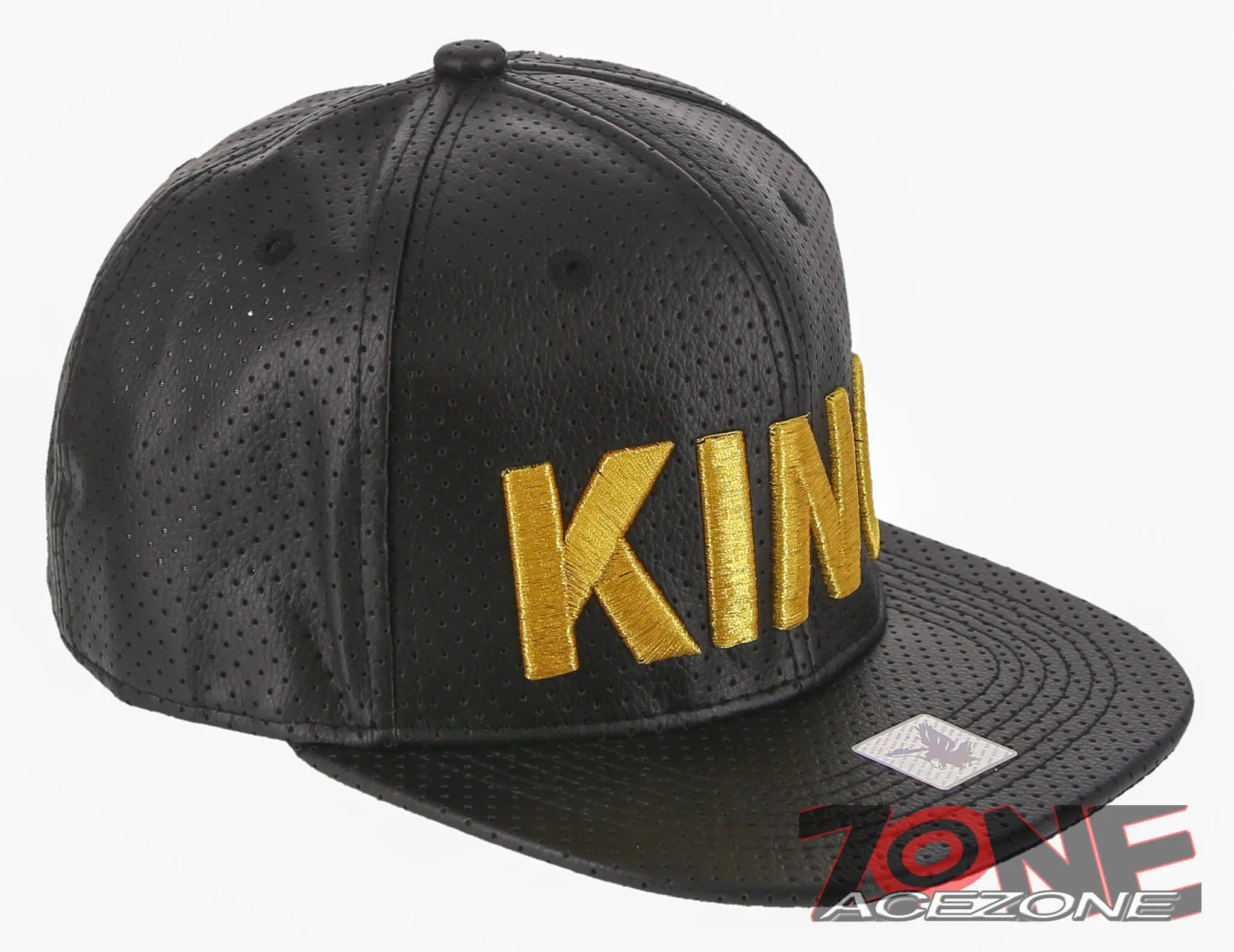 NEW! GOLD KING FAUX LEATHER FLAT BILL SNAPBACK BASEBALL CAP HAT BLACK