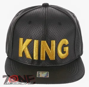 NEW! GOLD KING FAUX LEATHER FLAT BILL SNAPBACK BASEBALL CAP HAT BLACK