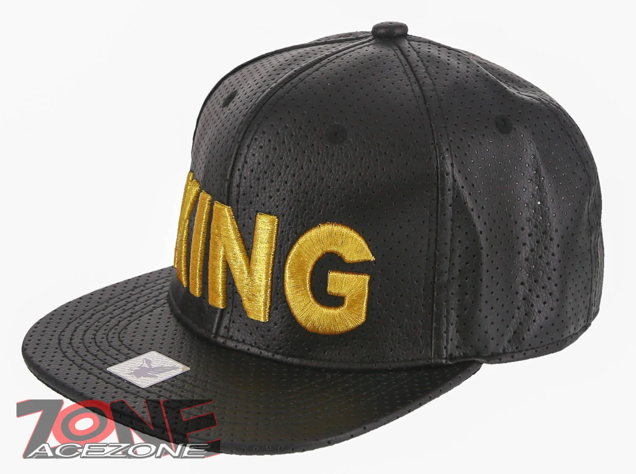 NEW! GOLD KING FAUX LEATHER FLAT BILL SNAPBACK BASEBALL CAP HAT BLACK