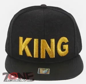 NEW! KING FLAT LEATHER BILL SNAPBACK BASEBALL CAP HAT BLACK