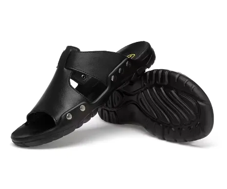 NEW Men's PU Leather Slippers Summer Casual Shoes Big Size Black Slippers and Slip-on Sandals, Sz 15/16
