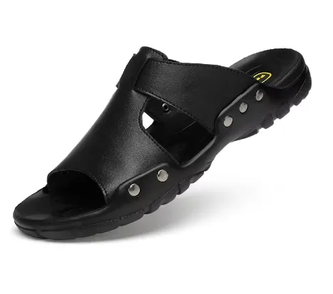 NEW Men's PU Leather Slippers Summer Casual Shoes Big Size Black Slippers and Slip-on Sandals, Sz 15/16