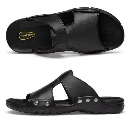 NEW Men's PU Leather Slippers Summer Casual Shoes Big Size Black Slippers and Slip-on Sandals, Sz 15/16