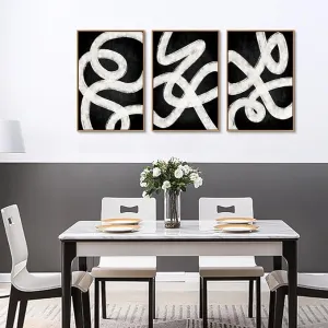 NEW Retails $199 Wooden Framed Mid Century Wall Art- Black and White Geometric Line Painting Artwork, Abstract Minimalist Modern Bohemian Wall Art, Vintage Canvas Wall Art for Bedroom Living Room Bathroom Dining Room