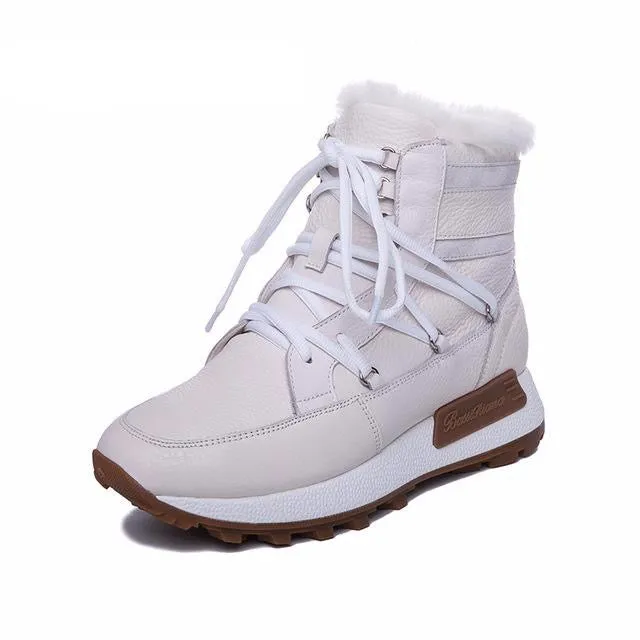 new winter casual shoes with thick soles, ladies fashion natural leather natural fur shoes warm with flat sole