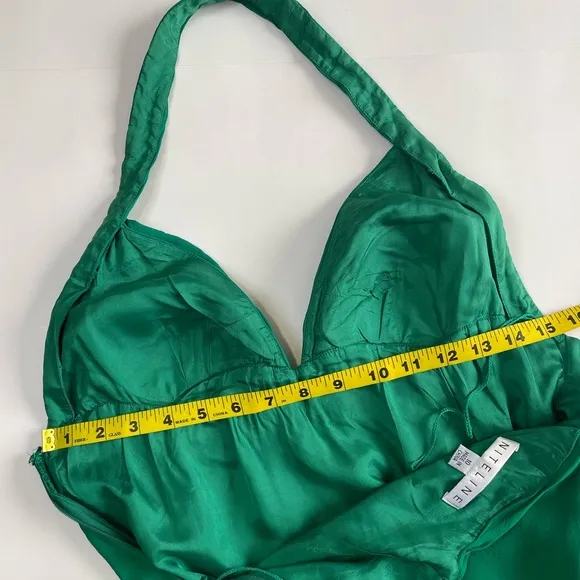 NITELINE Y2K Green Halter Neckline Silk Beaded Dress Size 10 Baby Doll Backless
