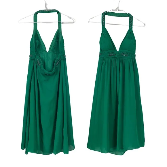 NITELINE Y2K Green Halter Neckline Silk Beaded Dress Size 10 Baby Doll Backless