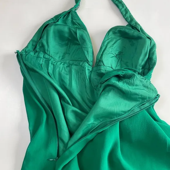 NITELINE Y2K Green Halter Neckline Silk Beaded Dress Size 10 Baby Doll Backless