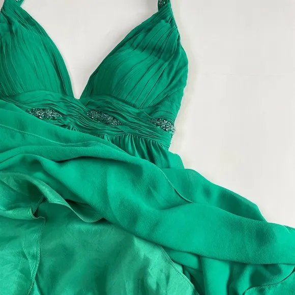 NITELINE Y2K Green Halter Neckline Silk Beaded Dress Size 10 Baby Doll Backless
