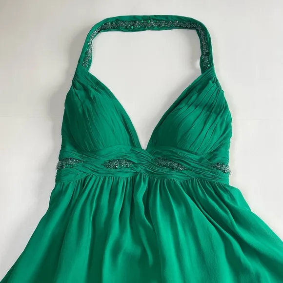 NITELINE Y2K Green Halter Neckline Silk Beaded Dress Size 10 Baby Doll Backless