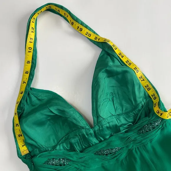 NITELINE Y2K Green Halter Neckline Silk Beaded Dress Size 10 Baby Doll Backless