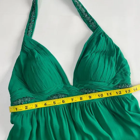 NITELINE Y2K Green Halter Neckline Silk Beaded Dress Size 10 Baby Doll Backless