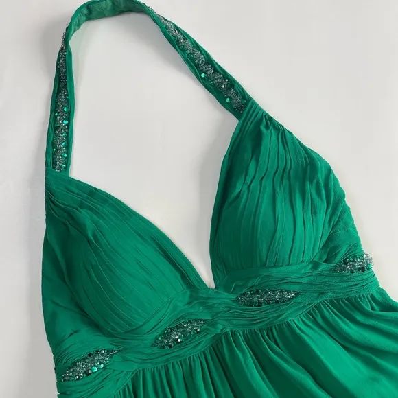 NITELINE Y2K Green Halter Neckline Silk Beaded Dress Size 10 Baby Doll Backless