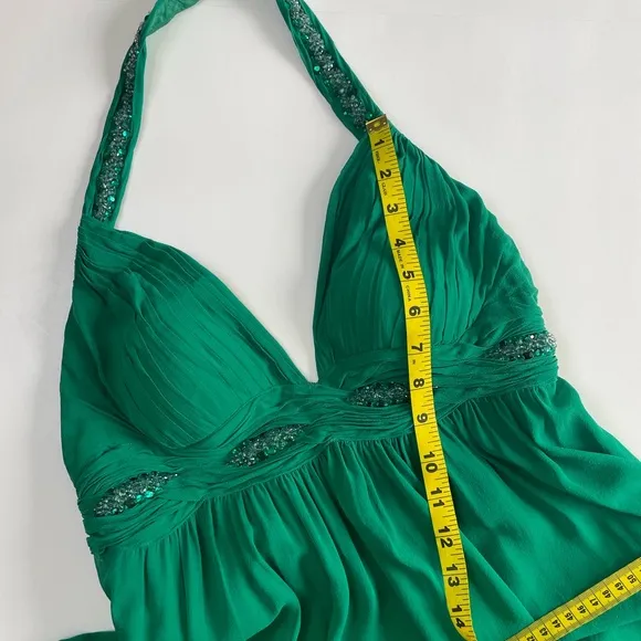 NITELINE Y2K Green Halter Neckline Silk Beaded Dress Size 10 Baby Doll Backless