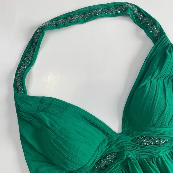 NITELINE Y2K Green Halter Neckline Silk Beaded Dress Size 10 Baby Doll Backless