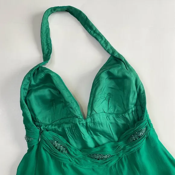 NITELINE Y2K Green Halter Neckline Silk Beaded Dress Size 10 Baby Doll Backless