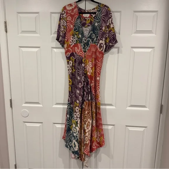 NWOT By Anthropologie Short-Sleeve V-Neck Button-Front Multicolor Midi Dress 14