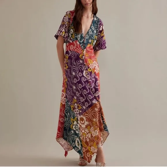 NWOT By Anthropologie Short-Sleeve V-Neck Button-Front Multicolor Midi Dress 14