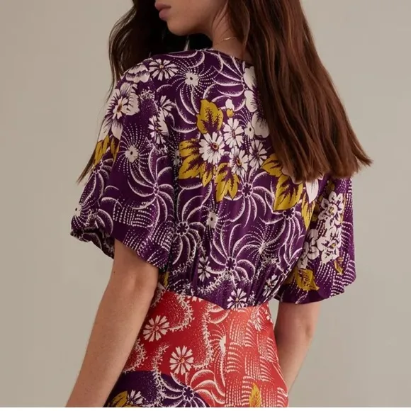 NWOT By Anthropologie Short-Sleeve V-Neck Button-Front Multicolor Midi Dress 14