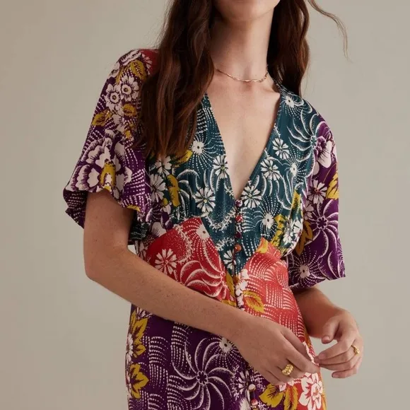 NWOT By Anthropologie Short-Sleeve V-Neck Button-Front Multicolor Midi Dress 14