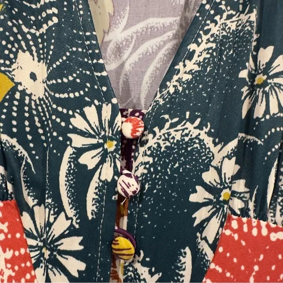 NWOT By Anthropologie Short-Sleeve V-Neck Button-Front Multicolor Midi Dress 14