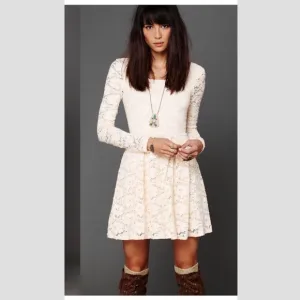 NWT Free People Lace Dress Ivory Peach Long Sleeve Stretch Knit Dress Size Small