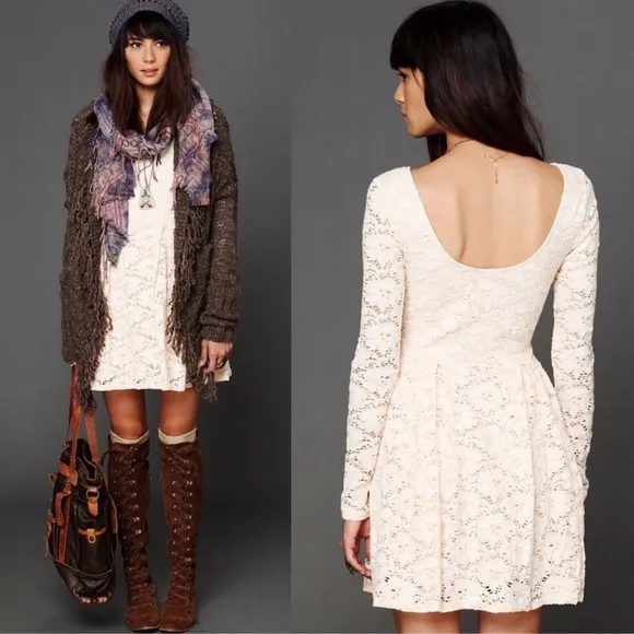 NWT Free People Lace Dress Ivory Peach Long Sleeve Stretch Knit Dress Size Small