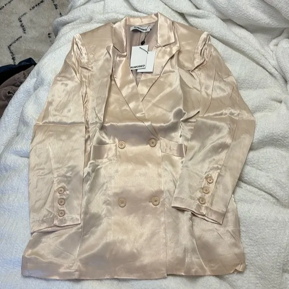 NWT Revolve Rumored BlushPink Satin Double Breasted James Blazer Dress Champagne