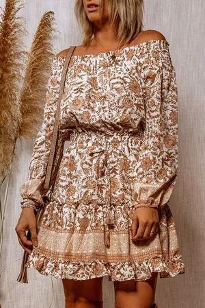 Off The Shoulder Tie Waist Ruffled Floral Dress
