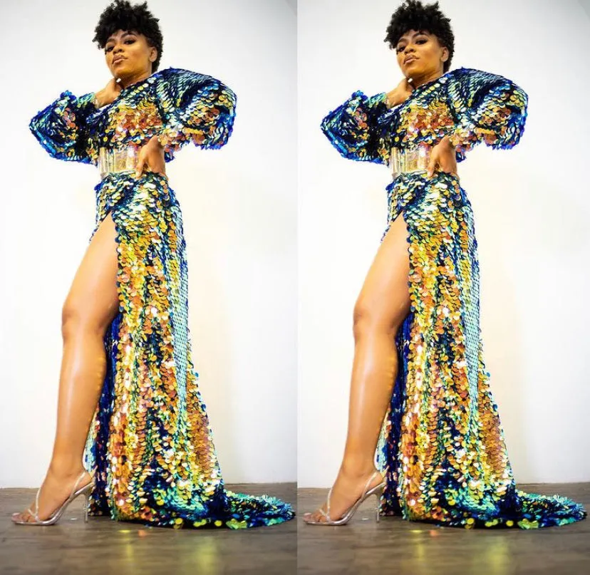 Oyemwen Purple Green Iridescent Sequin High Slit Birthday Dress