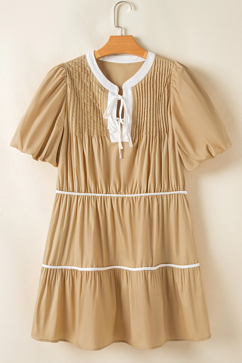 Pale Khaki Contrast Trim Pintuck Puff Sleeve Tied Neck Short Dress