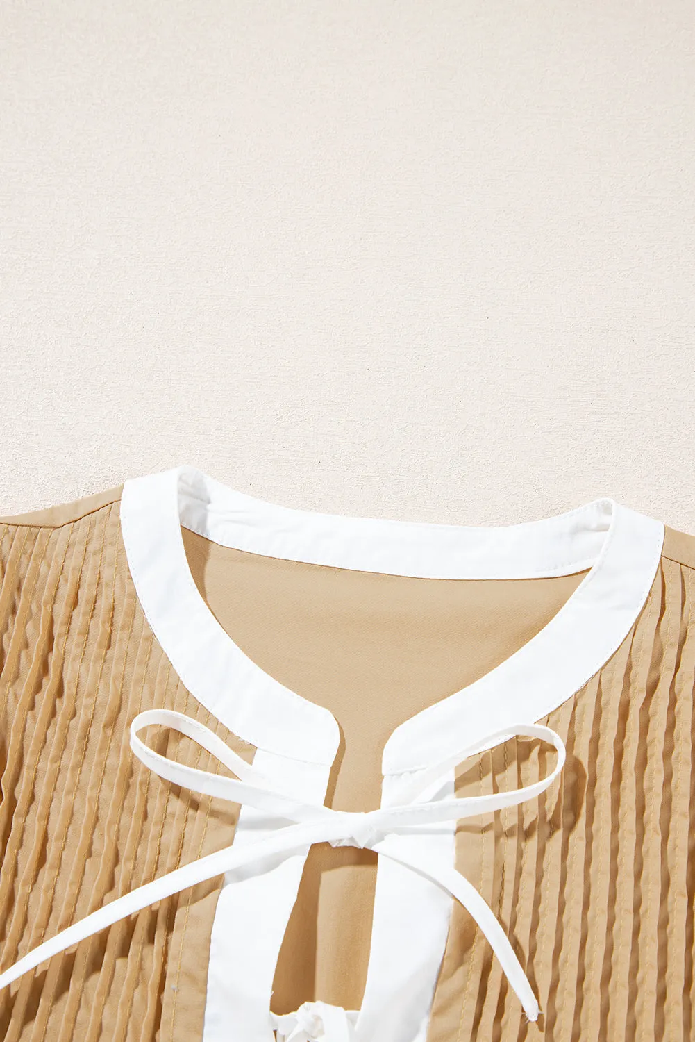 Pale Khaki Contrast Trim Pintuck Puff Sleeve Tied Neck Short Dress