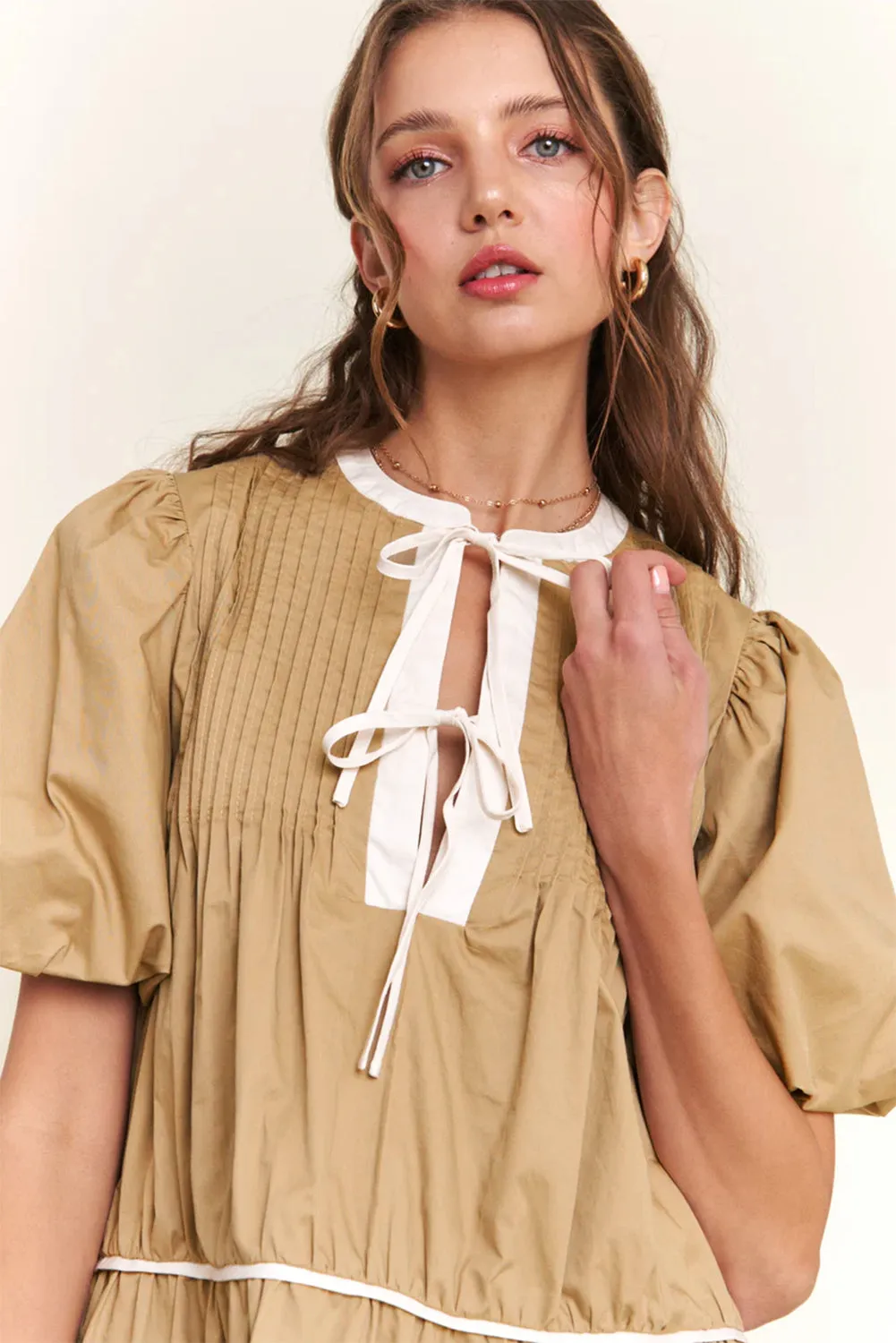 Pale Khaki Contrast Trim Pintuck Puff Sleeve Tied Neck Short Dress
