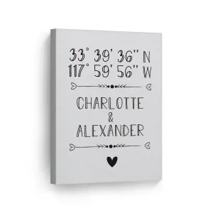 Personalized Gift Wall Art with Couple Names and Coordinates Minimalist Design